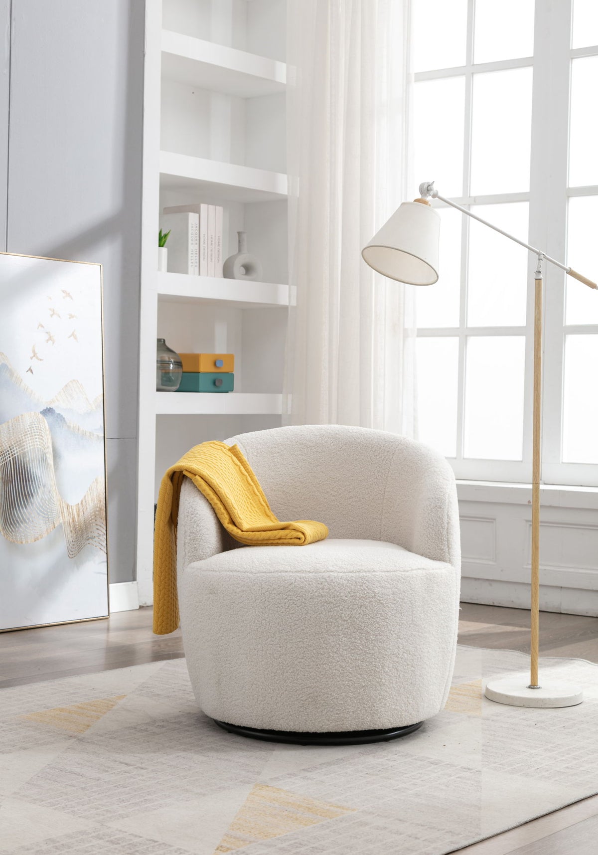 Teddy Fabric Swivel Accent Armchair Barrel Chair With Powder Coating Metal Ring - Ivory White
