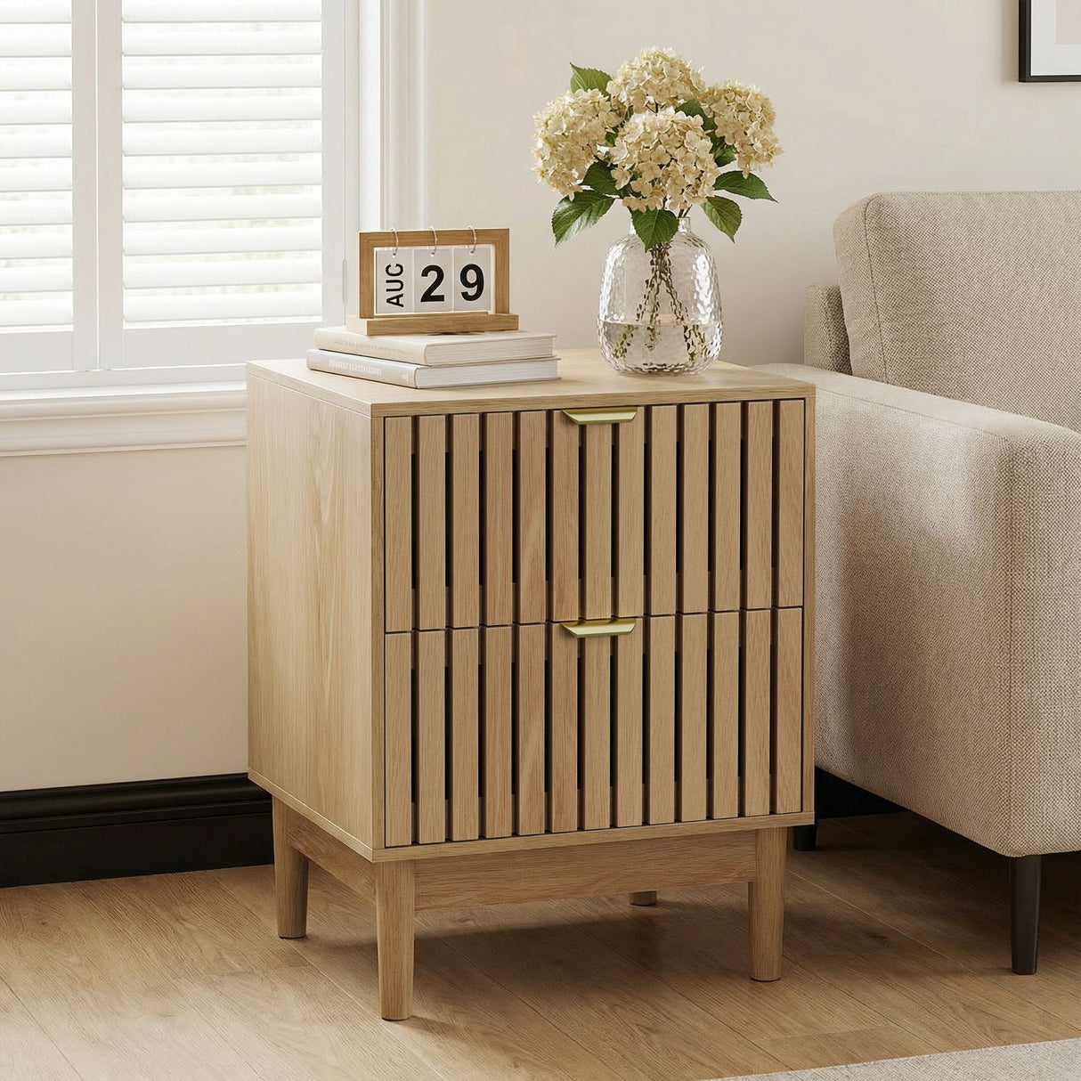 Bedside Table With Grille Design And 2 Drawers, Side Table For Bedroom - Oak