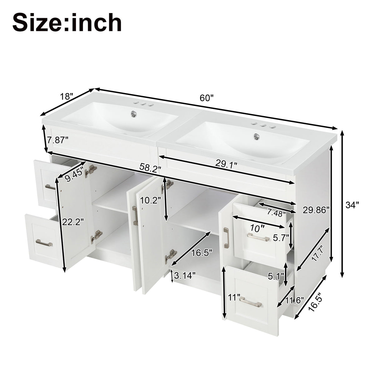 Bathroom Vanity With 2 Doors, 2 Drawers, Adjustable Shelf, Hidden Slides & Soft Close Hinges