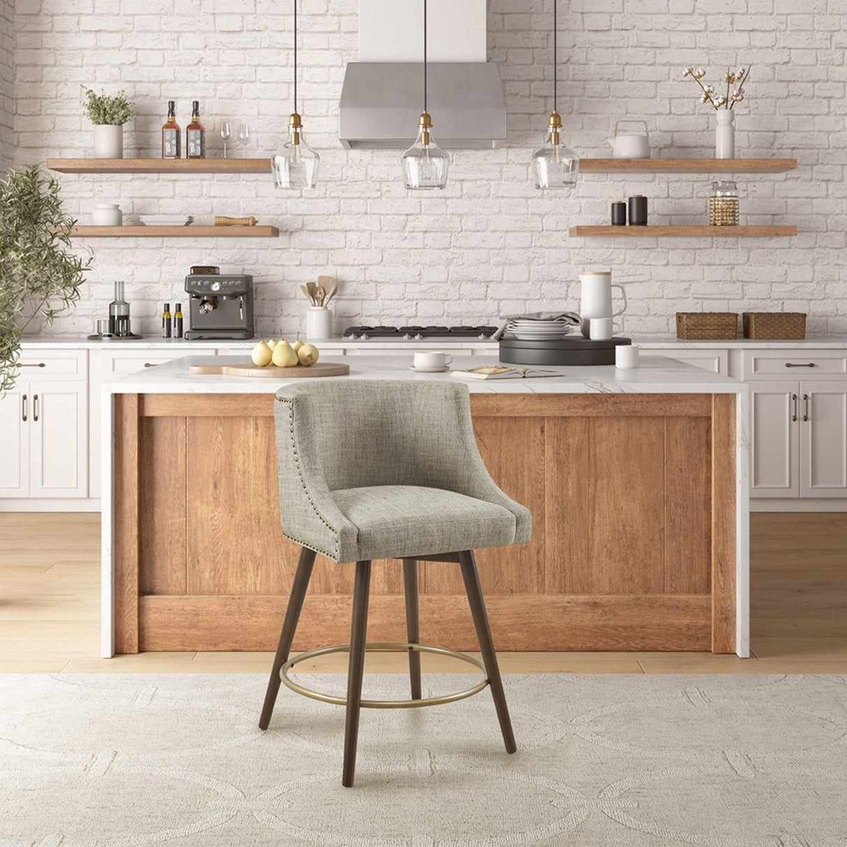 Swivel Counter Stool With Antique Bronze Detailing - Beige Multi