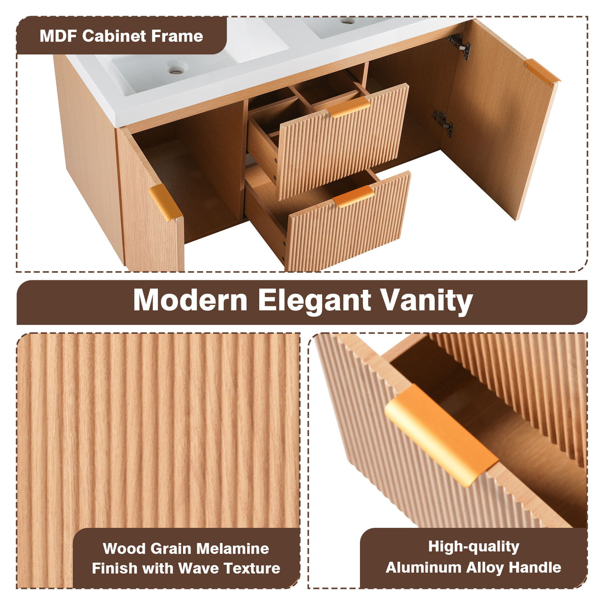 Double Sink Bathroom Vanity, Cabinet, Soft Close Doors, Divided Drawers, Wall Mounted Storage - Wood