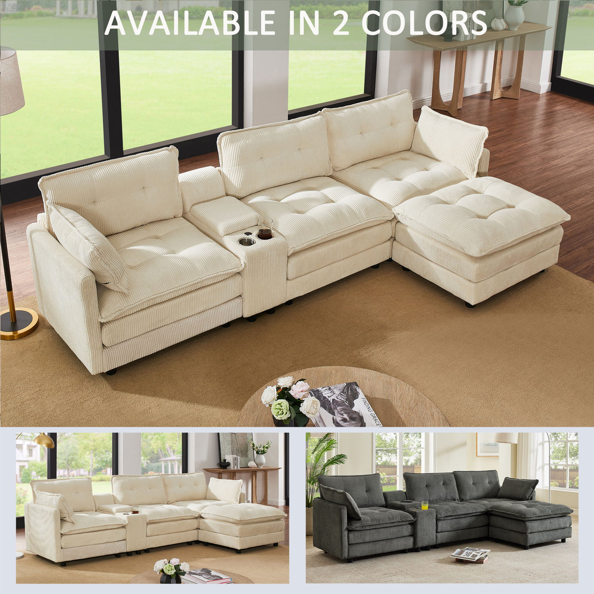 Oversized Modular Sectional Sofa With Multi Functional Console