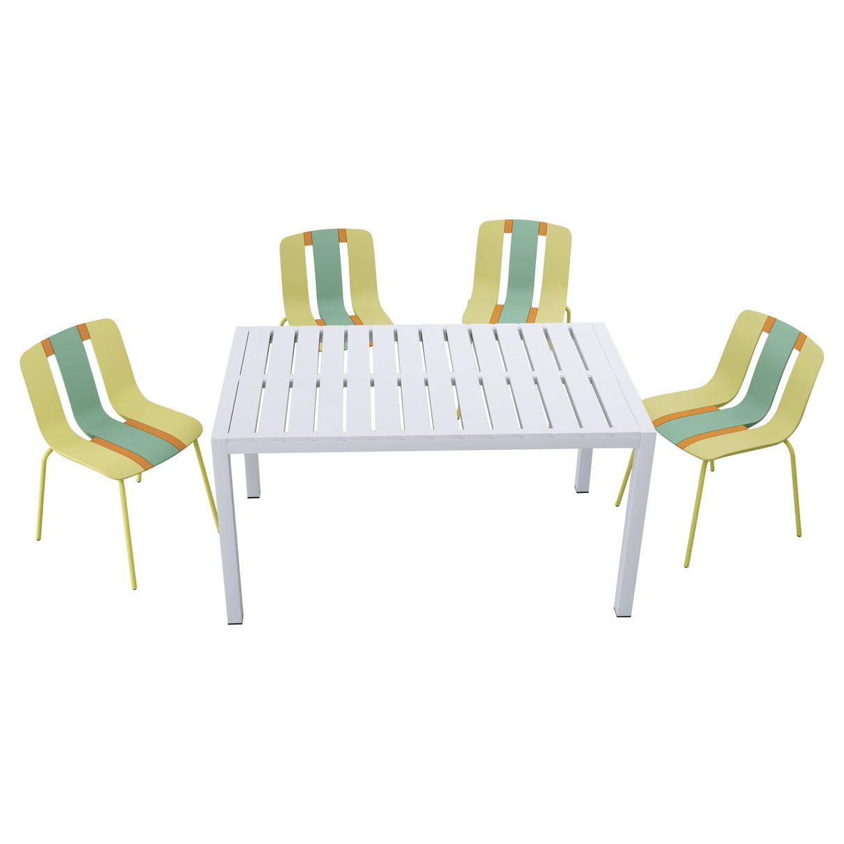 4 Piece Set Of Striped Color Blocking Single Chairs & Long Table - Grain Yellow / Haze Green / Tropical Orange / White