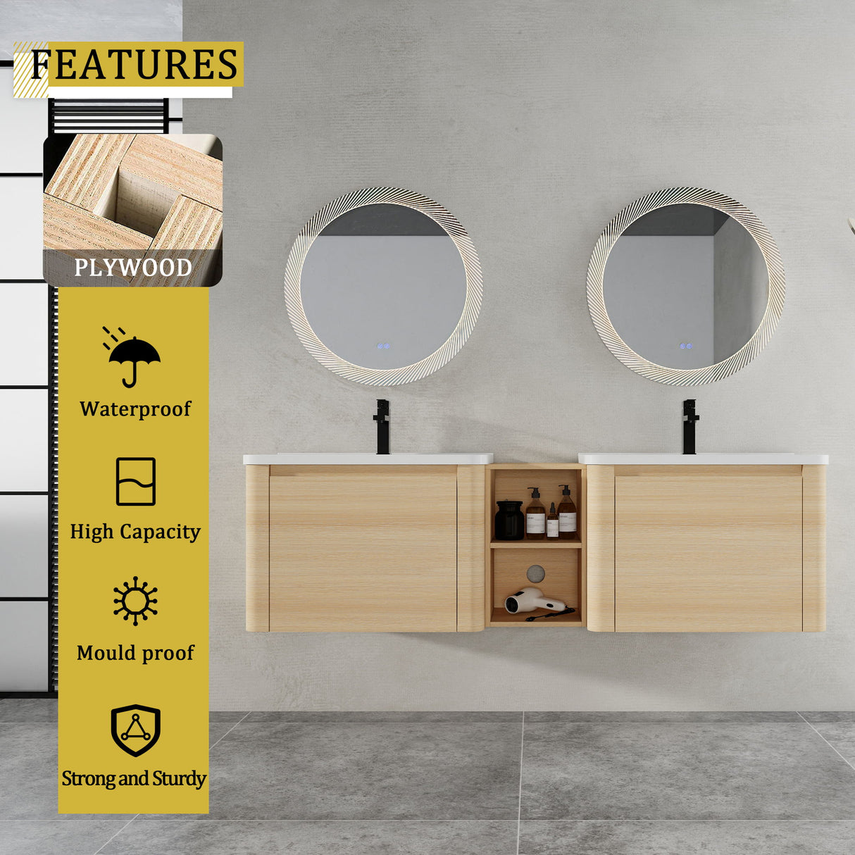 Wall Mounted Bathroom Vanity With Sink And Storage Shelves, Soft Close Doors
