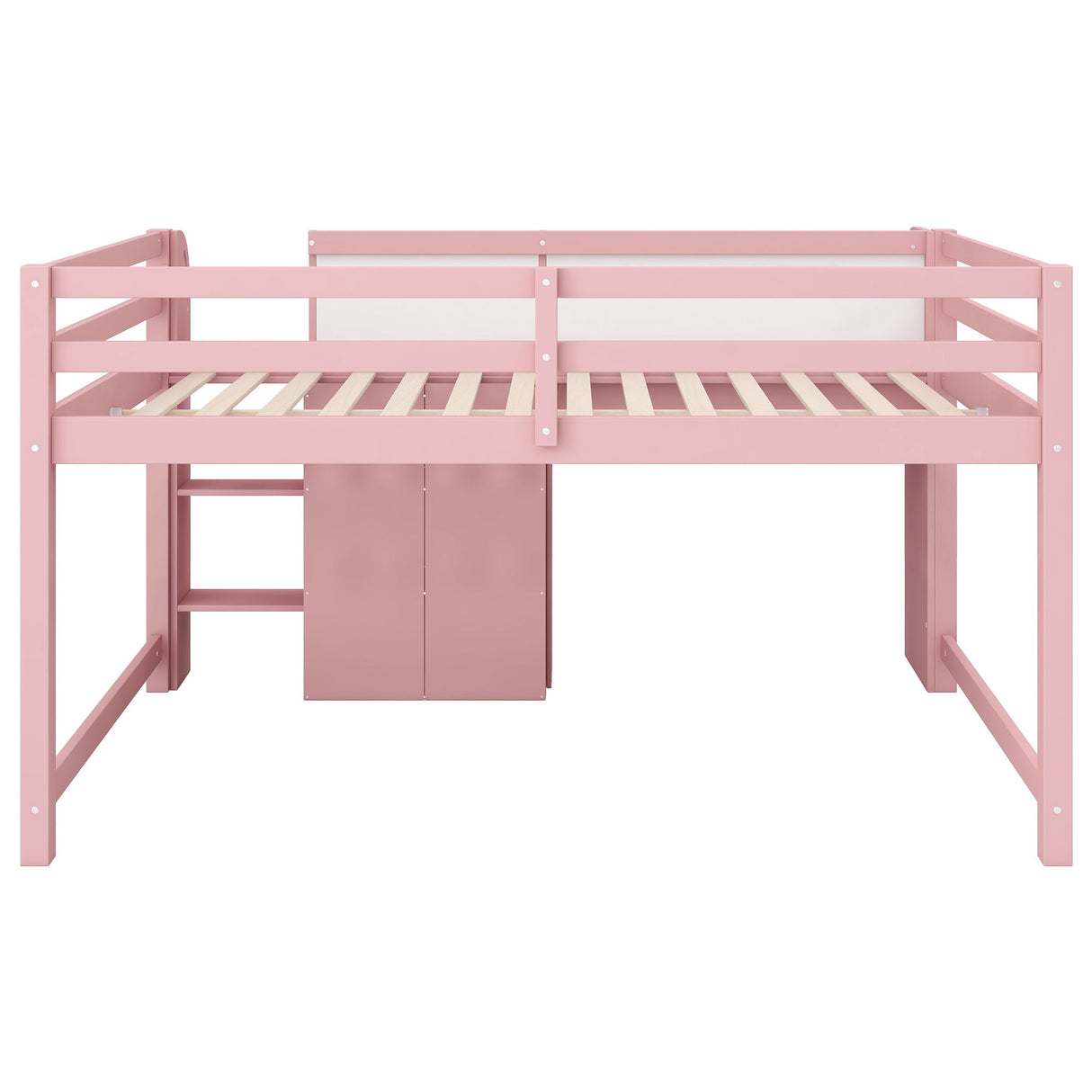 Low Loft Bed With Built In Desk, Storage Cabinets, Open Bookcase And Doodle board
