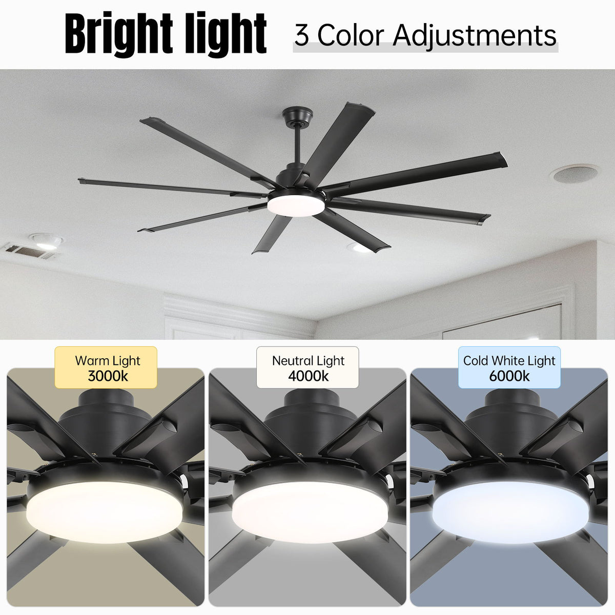 72" Large Design Ceiling Fan With Smart Remote Control, 6 Wind Speed DC Motor For Living Room - Black