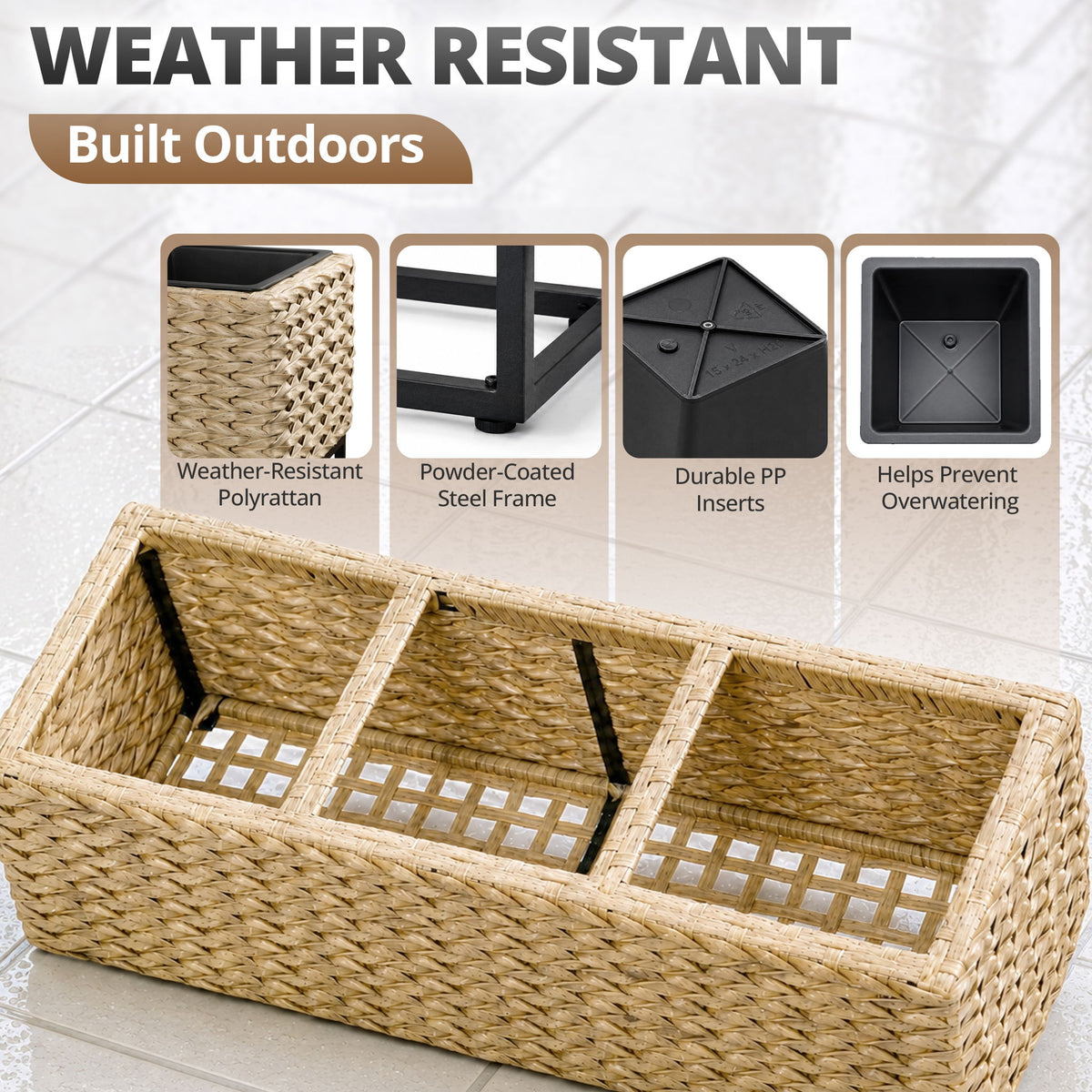 Solhome - Planter Box, 3 Removable Inserts, Indoor / Outdoor - Light Brown