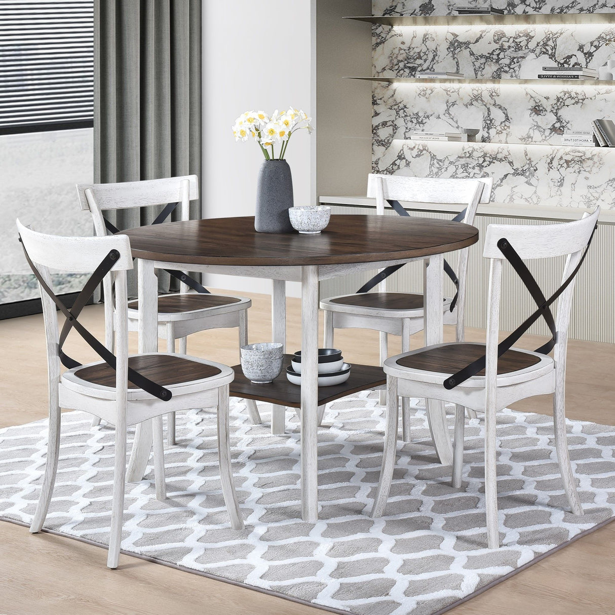 2 Pieces Set Dining Side Chair Rustic Modern Farmhouse Design Retro Design With Metal X Design - Antique Dark Oak / Antique White
