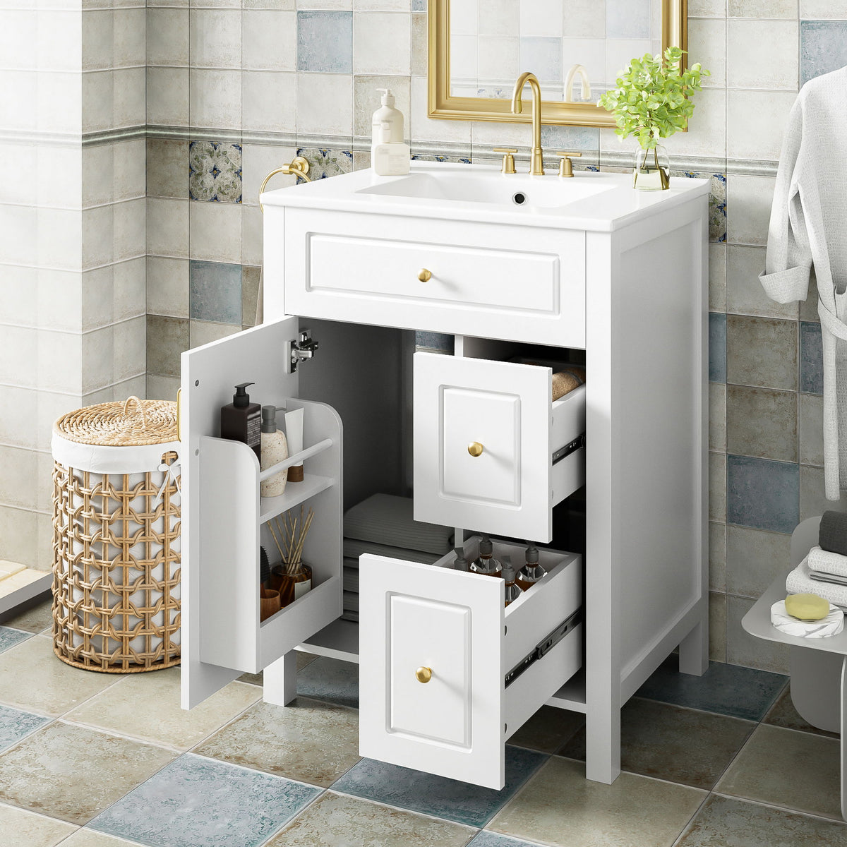 Elegant Bathroom Vanity With Ceramic Sink, Soft Close Doors And Drawers, Double Storage Racks