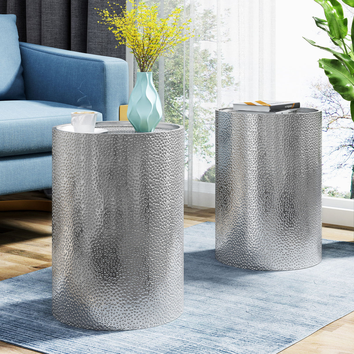 Modern Round Accent Table With Hammered Surface