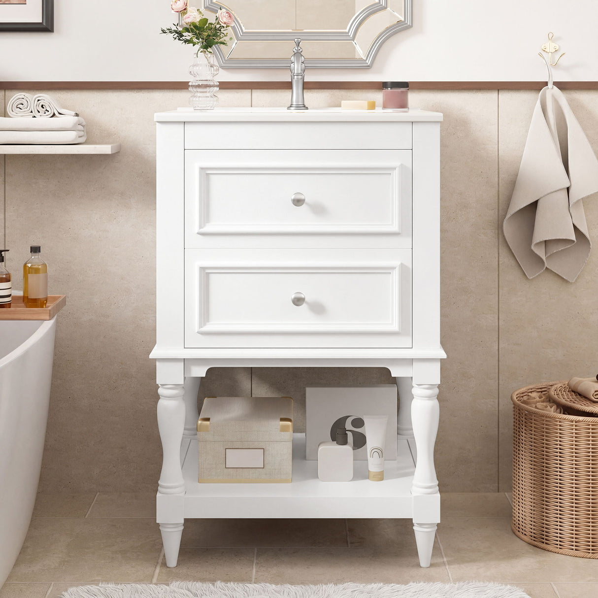 Retro Design Bathroom Vanity With Sink, 2 Drawer Storage Cabinet