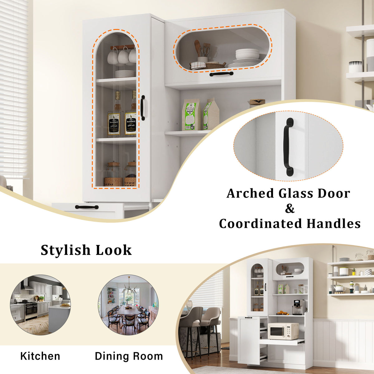 Tall Freestanding Kitchen Pantry Cabinet With Arched Glass Door