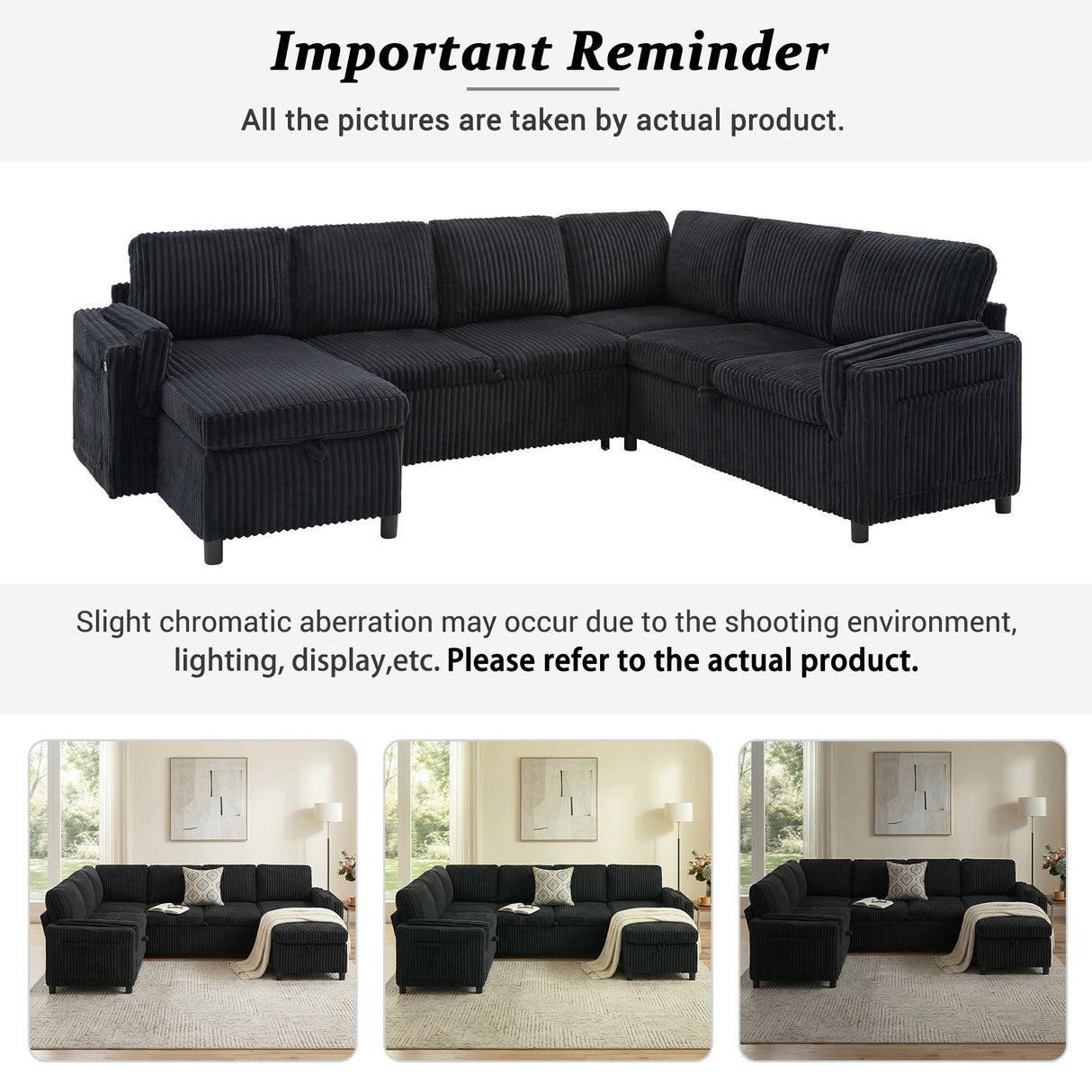 Convertible U-Shaped Sectional Sofa Bed With USB Ports And Storage