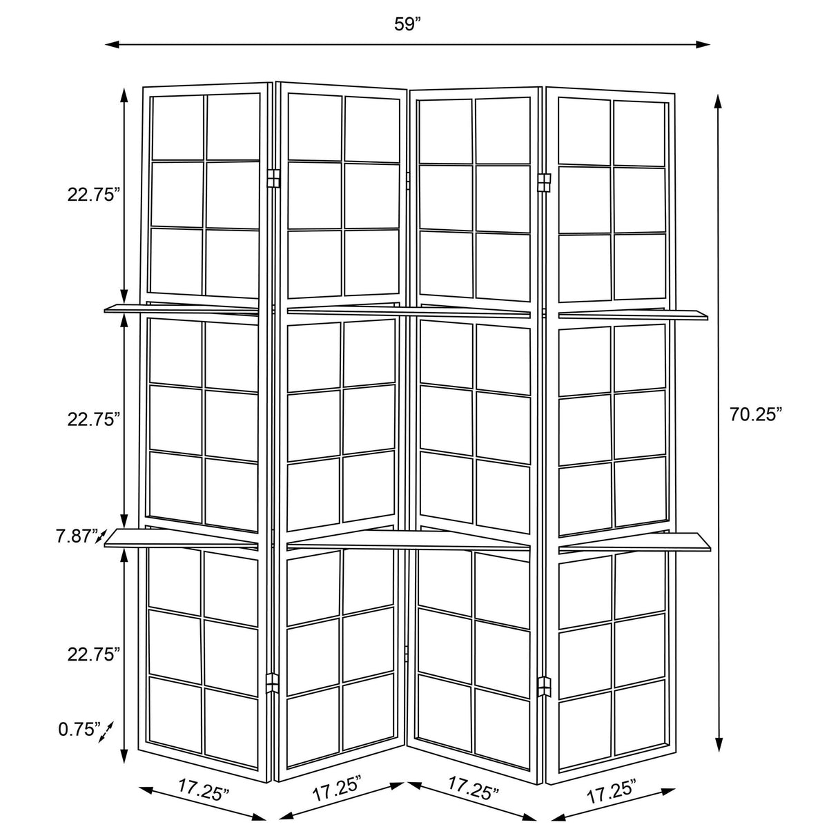4 Panel Folding Screen With Shelves - Brown