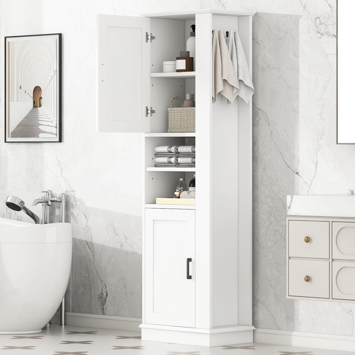Tall Freestanding Bathroom Storage Cabinet With Adjustable Shelves And Side Hooks Board, Rectangle Design