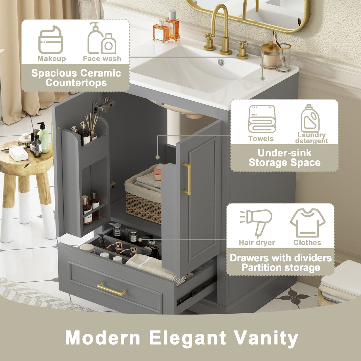 Bathroom Vanity With Sink, 1 Divided Drawer And 2 Soft Close Doors With Double Shelf