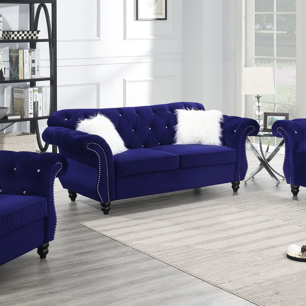 Upholstered Sofa Set With Crystal Tufted Seat And Nailhead Trim, 2 Piece Living Room Furniture - Indigo