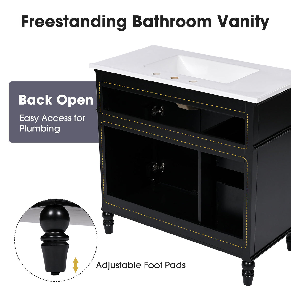 Bathroom Vanity With Sink, 2 Doors 2 Drawers - Black