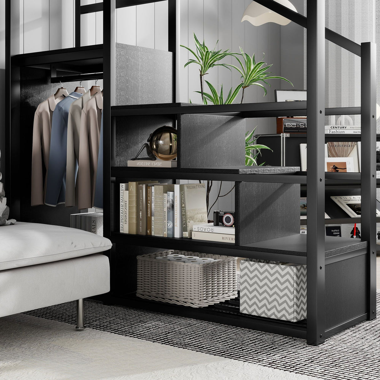 Queen Size Loft Bed With Stairs, Storage Shelves, Wardrobe - Black