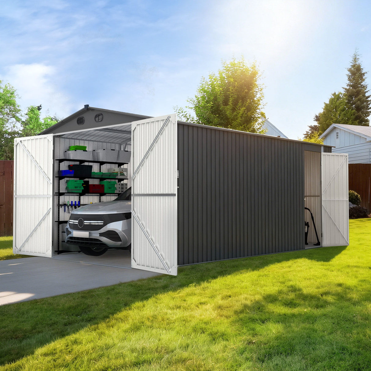 Outdoor Storage Shed, Metal Garden Shed Backyard Utility Tool House Building With 2 Doors And 4 Vents For Car, Truck, Bike, Garbage Can, Tool, Lawnmower - Dark Gray