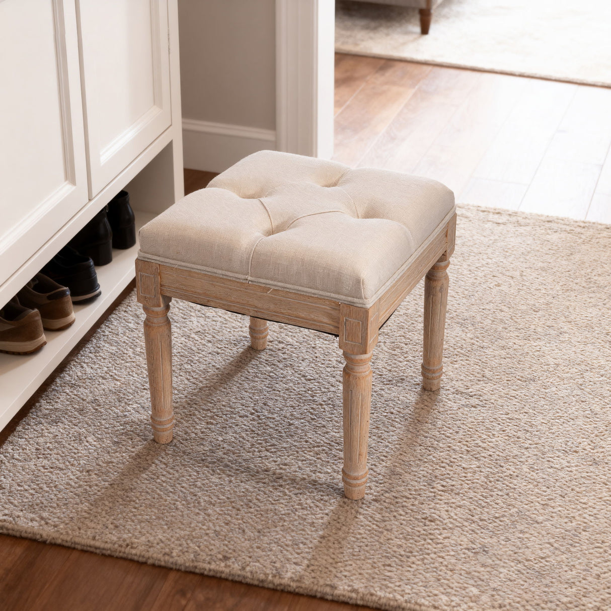 Small Padded Square Ottoman Bench For Living Room - Beige