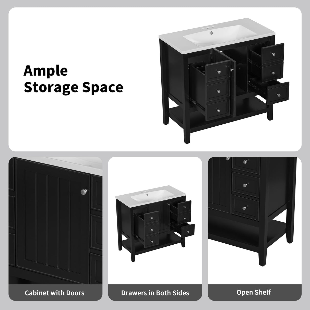 36" Bathroom Vanity & Sink, 2 Cabinet And 3 Drawers - Black