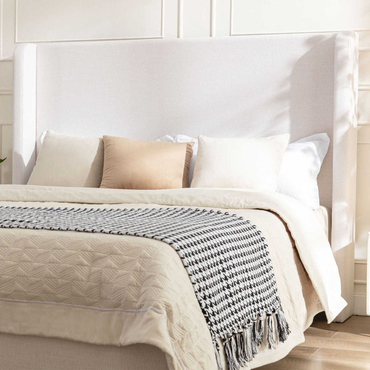Hayden - King Size Upholstered Wingback Bed With And Tall 54" Headboard - Ivory