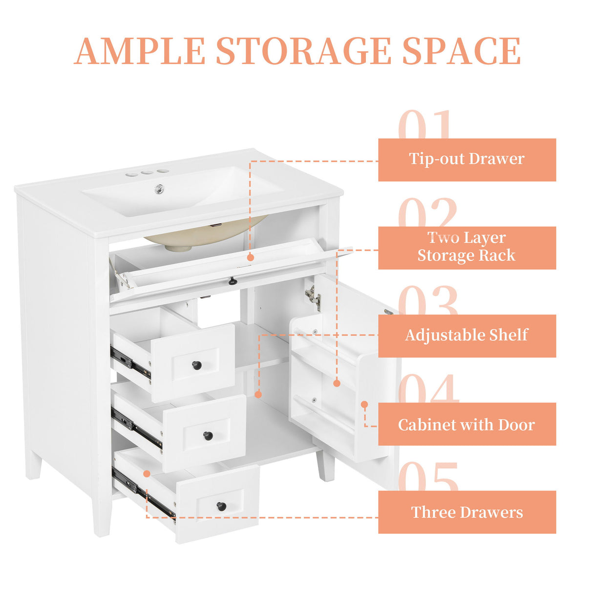 Bathroom Vanity With Sink, 3 Drawers And Adjustable Shelf, Freestanding Storage Unit
