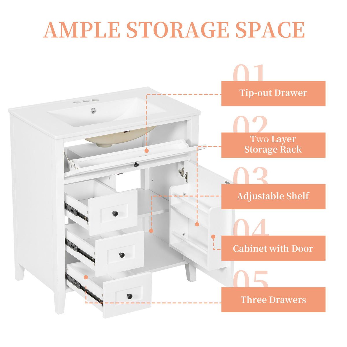 Bathroom Vanity With Sink, 3 Drawers And Adjustable Shelf, Freestanding Storage Unit