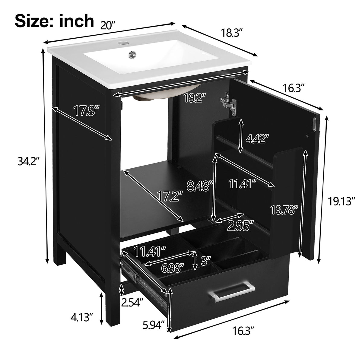 Bathroom Vanity With Ceramic Sink, Soft Close Drawers, Door Organizer, Divider Drawer, Adjustable Foot Pads