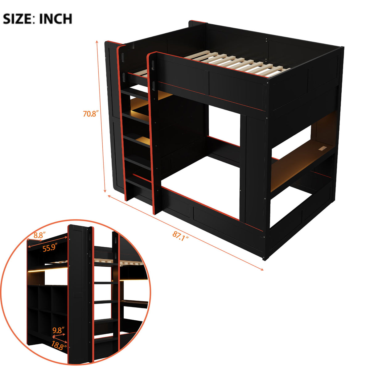 Full Size Gaming Bunk Bed With Desk, Storage Shelves, LED And Charging Station - Black