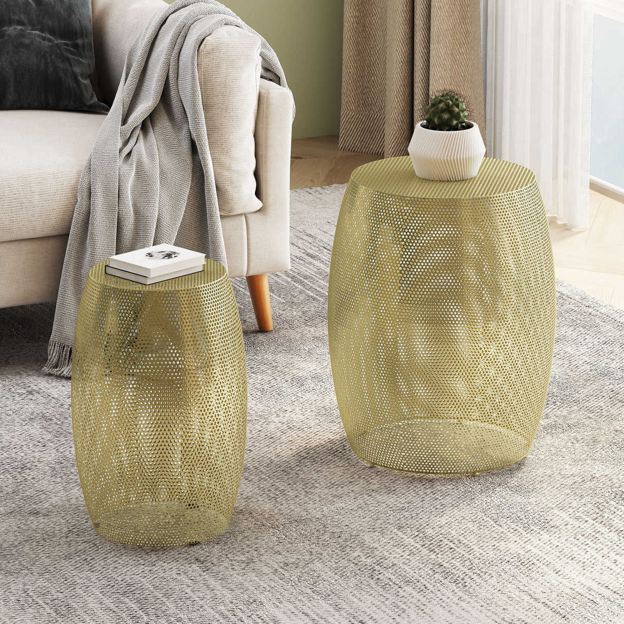 Modern Round Metal Hollow Side Table Set With Openwork Design - Gold