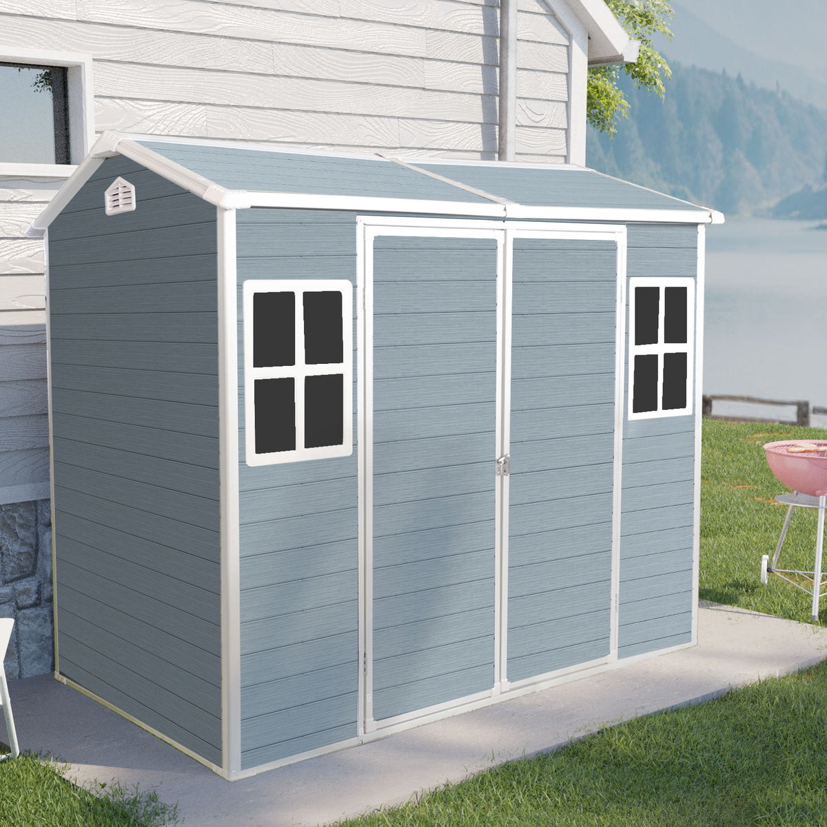 8 X 4Ft Resin Outdoor Storage Shed With Two - Window And Double - Door, Plastic Shed With Floor For Gargen, Patio, Yard, Lawn - Gray