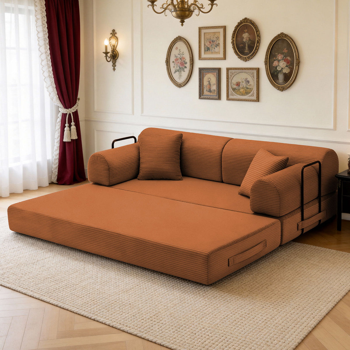 Convertible Sleeper Sofa Bed, Fixed Shape Frame For Living Room - Orange
