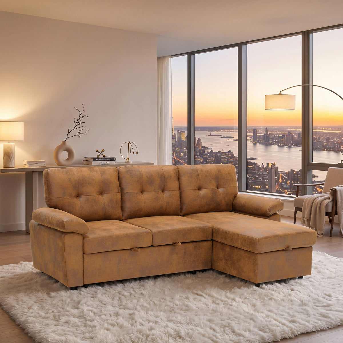 Convertible Sectional Sofa Bed With Pull Out Sleeper And Storage