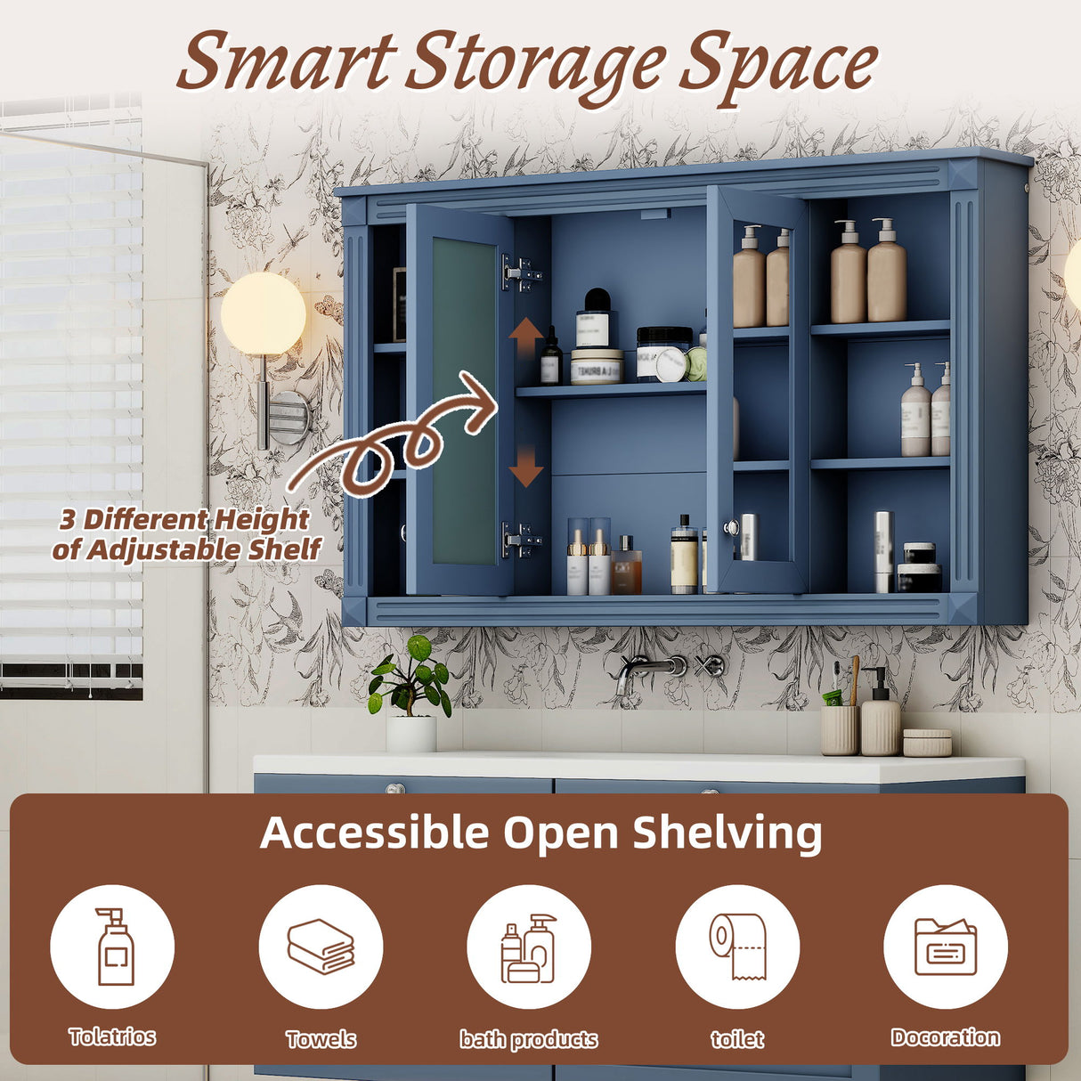 Wall-Mounted Mirror Cabinet With Adjustable Shelf And Open Shelves
