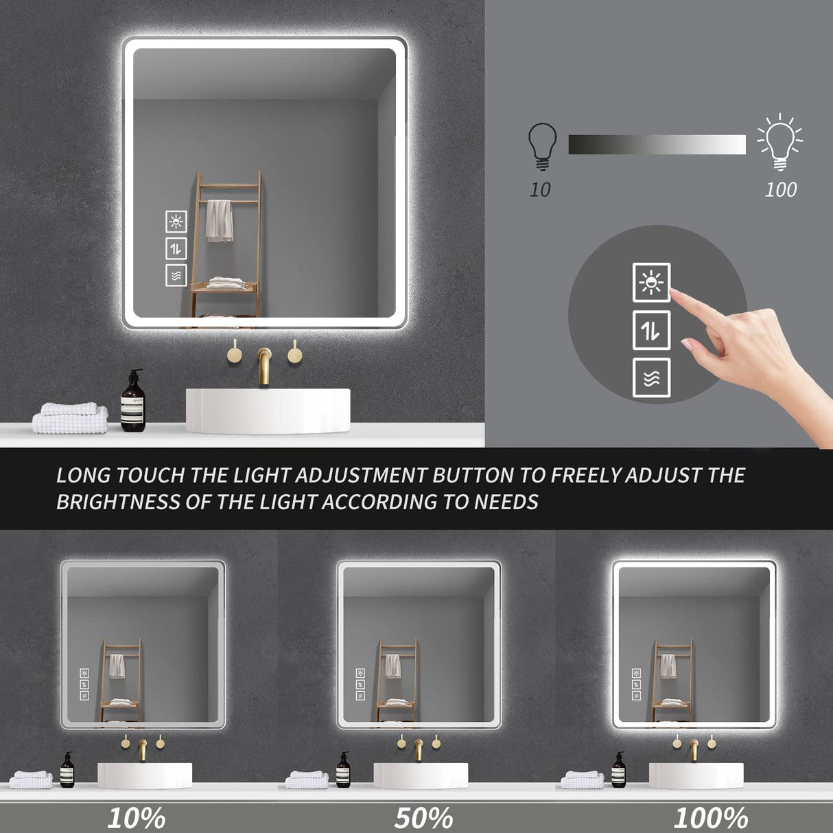 LED Bathroom Mirror, Anti Explosion Glass, Rust Resistant, Anti Fog, Tri Color