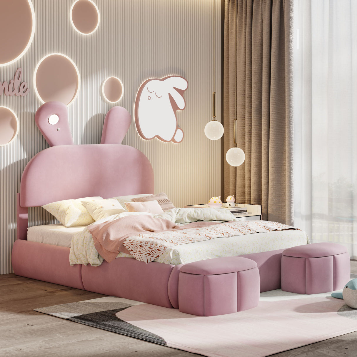 Full Upholstered Platform Bed With Cartoon Ears Headboard And LED Light - Pink