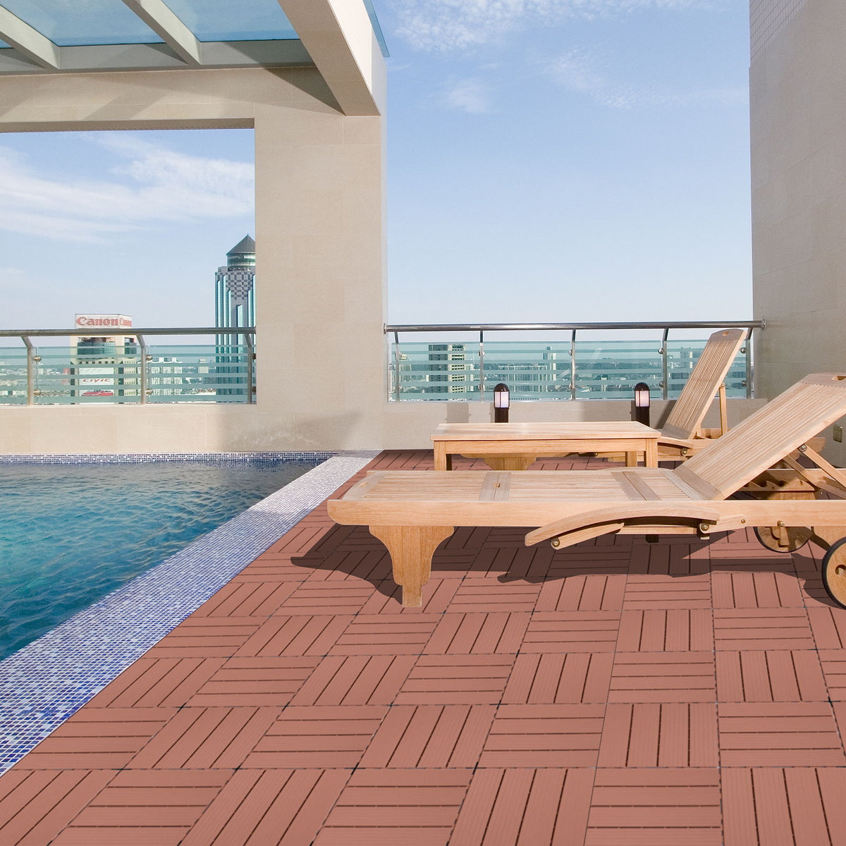 Plastic Interlocking Deck Tiles, Patio Flooring Outdoor Waterproof All Weather Use For Garden Poolside Front / Back Yard (Set of 44) - Mahogany