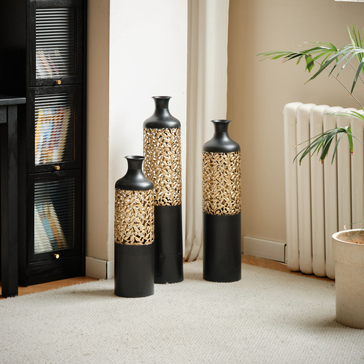Floor Metal Vases Decorated Metal Vases (Set of 3) Gorgeous Home Decoration Large Glazed Metal Vases - Black / Gold