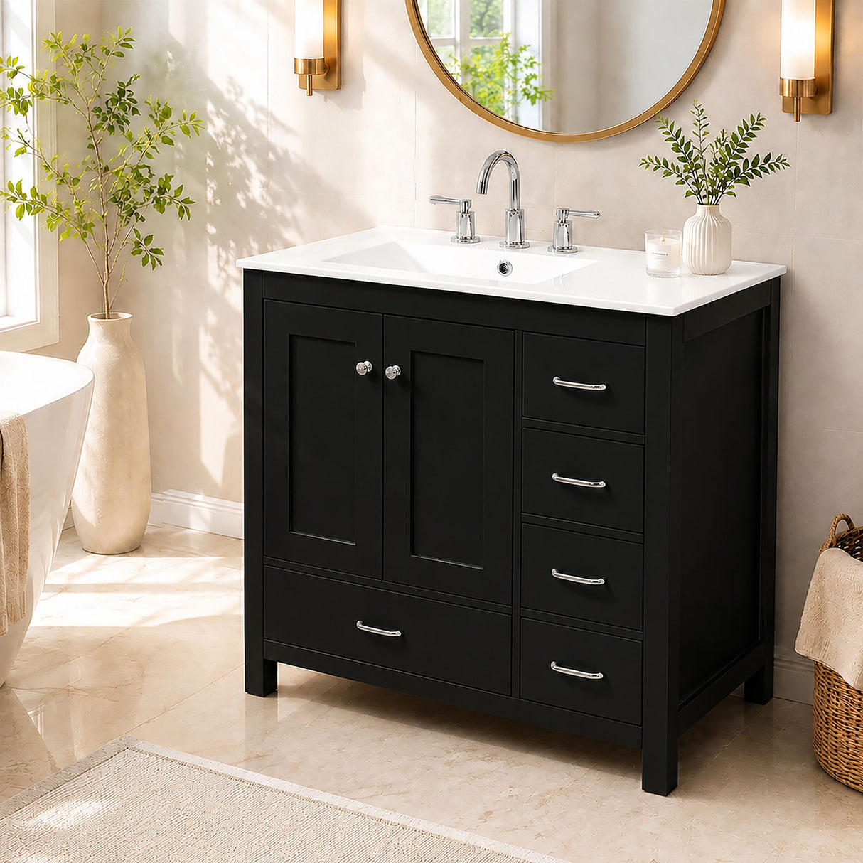 Bathroom Vanity With Sink Combo, 2 Soft Close Doors And 5 Drawers