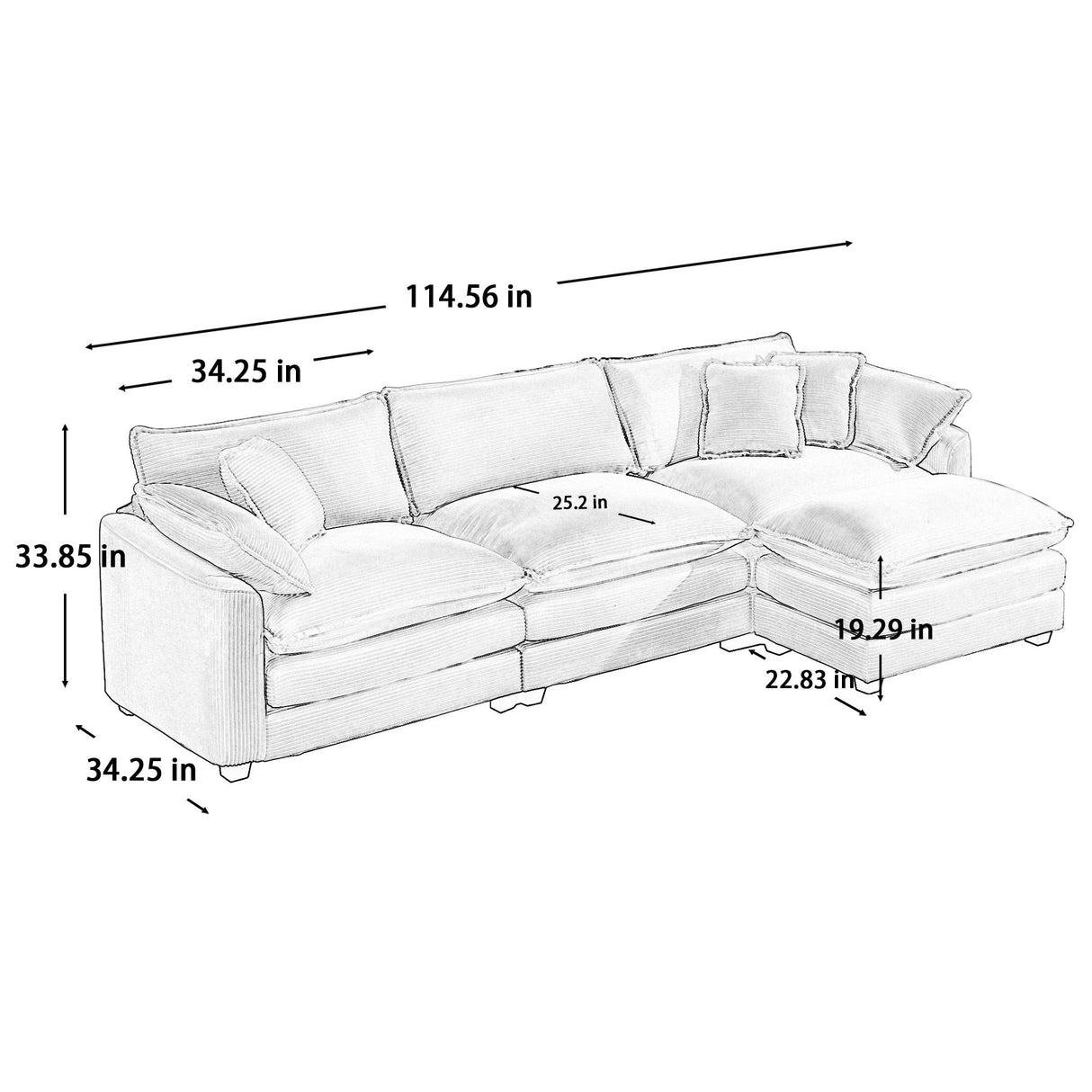 Modular Oversized Cushion Sofa With Ottoman, Low Back, Deep Seating Sofa Set