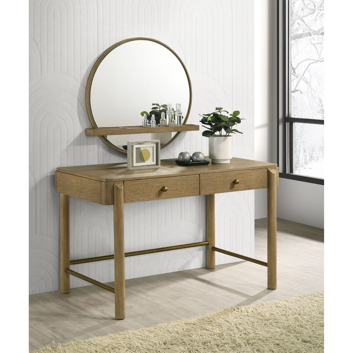 Benson - Round Vanity Wall Mirror With Shelf - Sand