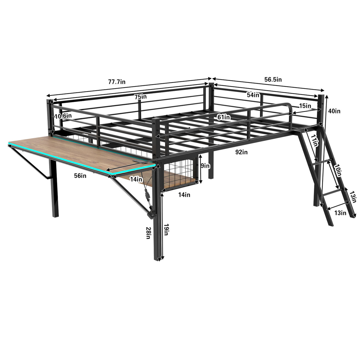 Loft Bed With Built In Desk, LED Light Strip