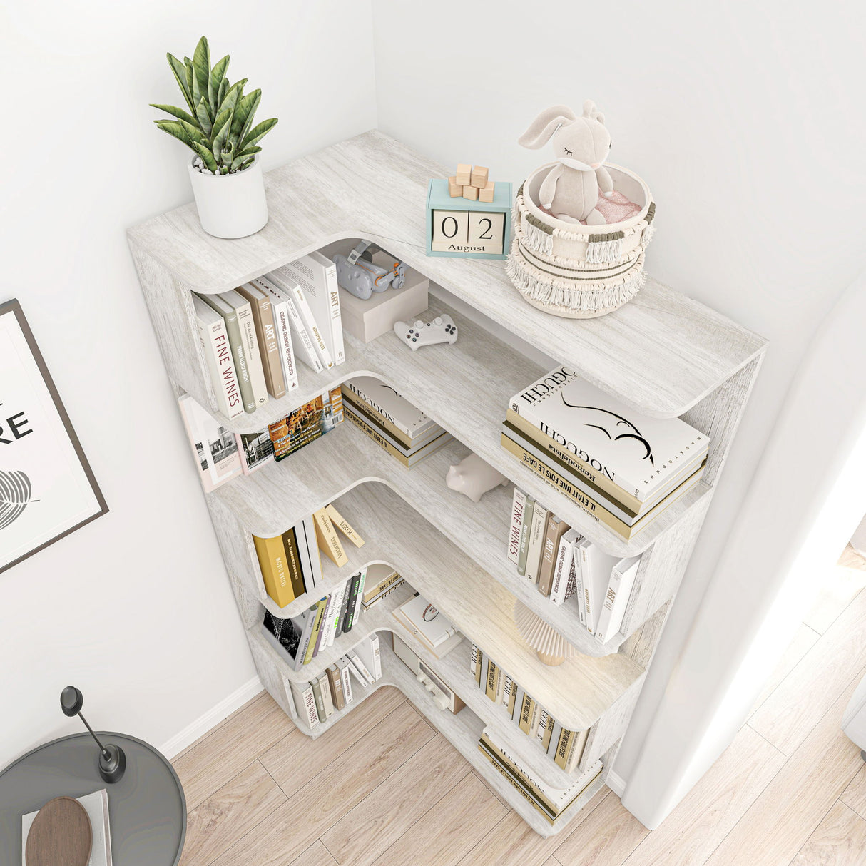 L-Shaped Corner Bookshelf 90Cm Extended Size 5 Tier Freestanding Display Shelf With Anti Tip Safety Features - Light Gray