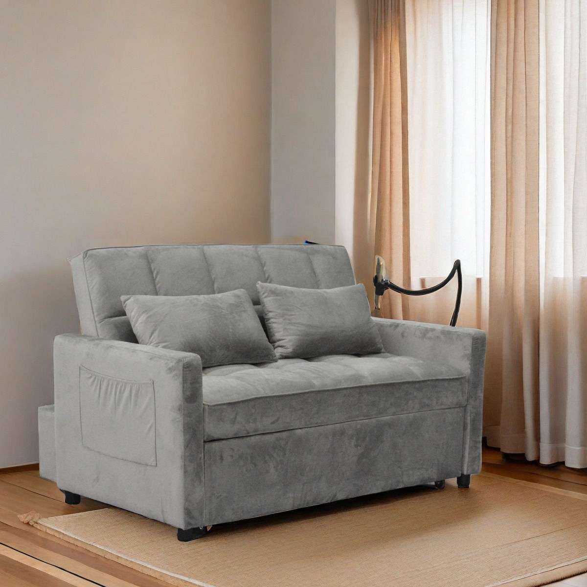 3 In 1 Convertible Sleeper Sofa Bed, Modern Fabric Futon Sofa Couch Pullout Bed, Adjustable Backrest With Three USB Ports, Two Side Pockets, Two Cup Holders And Swivel Phone Holder