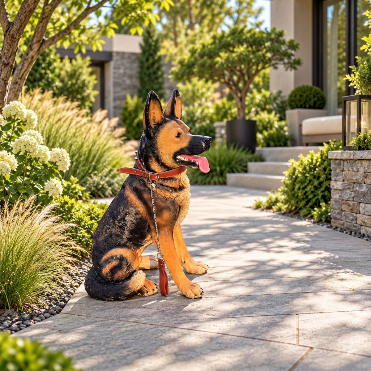 German Shepherd Dog Statue, Sitting Guard Sculpture - Black Brown