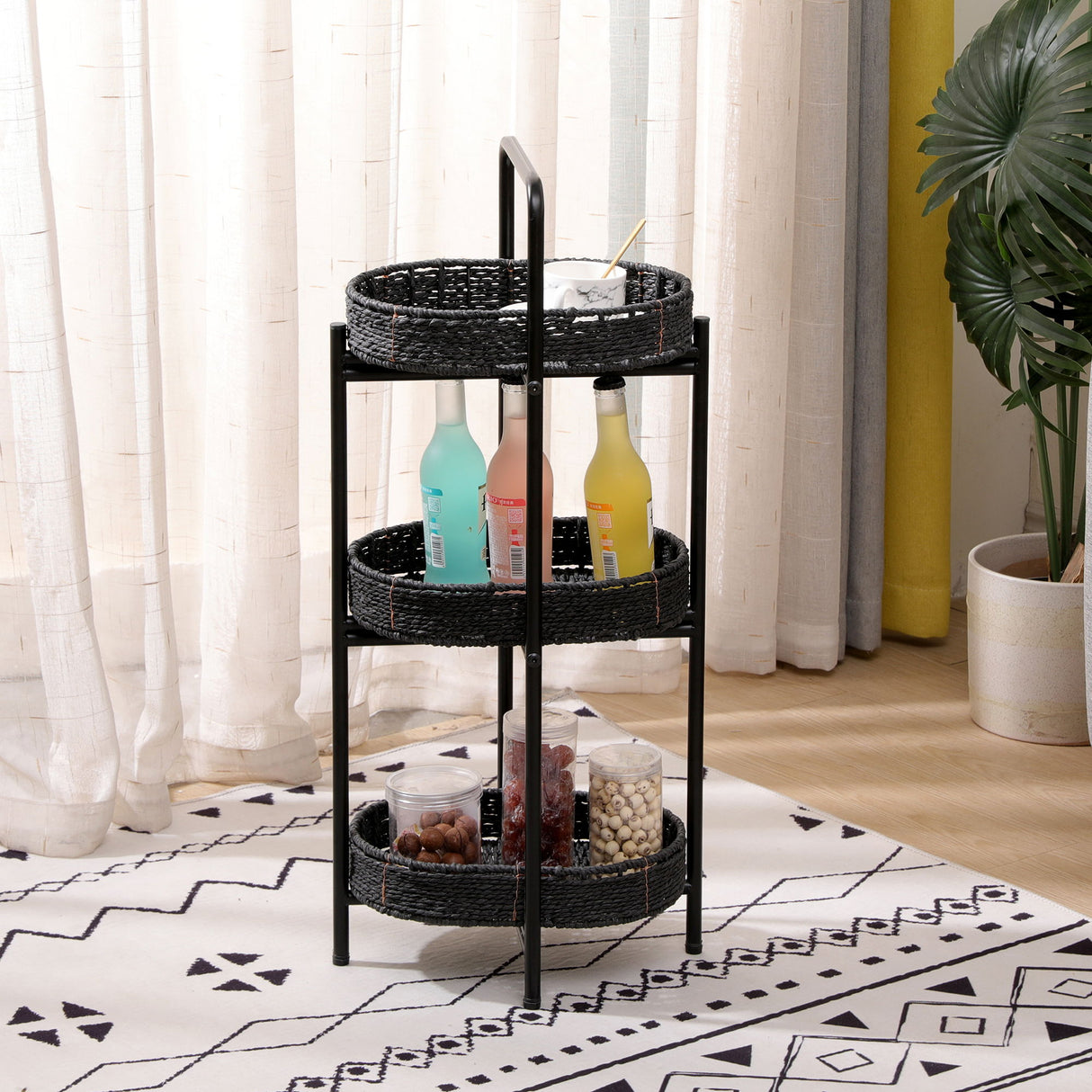 Modern 3 Tier Handwoven Side Table With Oval Organizer