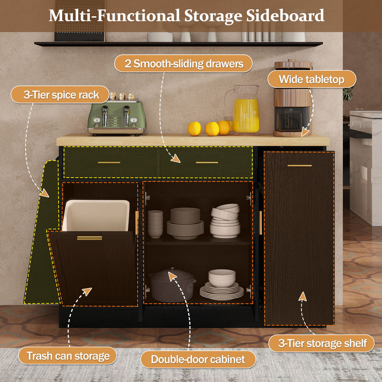 Kitchen Sideboard With Sliding Door Cabinet, 3 Tier Spice Rack
