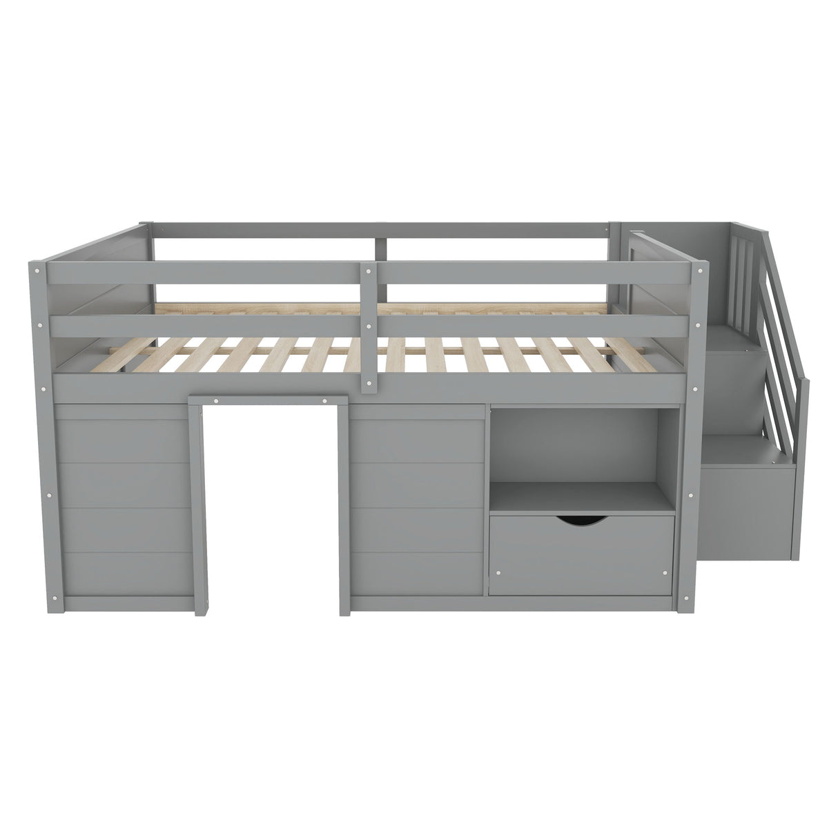 Low Loft Bed Frame With Built In Stairs, Storage Drawer, Shelf And 7 Color LED Light
